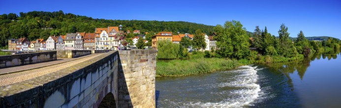 Old Werra Bridge, half-timbered houses on the Werra, Hannoversch Münden, Hann. Münden, Lower