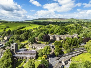 Skipton Castle from a drone, North Yorkshire, England, United Kingdom, Europe