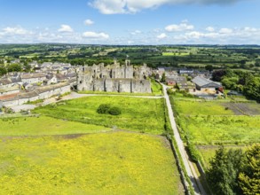 Middleham Castle from a drone, Middleham, Wensleydale, North Yorkshire, England, United Kingdom,