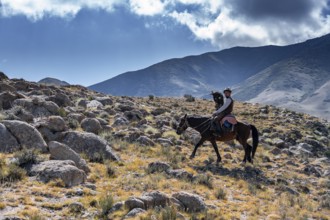 Traditional Kyrgyz eagle hunter in the mountains hunting on horseback, near Kysyl-Suu, Kyrgyzstan,