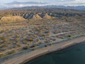 Aerial view, landscape at Lake Issyk Kul, Kyrgyzstan, Asia