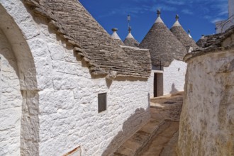 Whitewashed trulli, round houses with stone roofs, in the southern Italian town of Alberobello. The