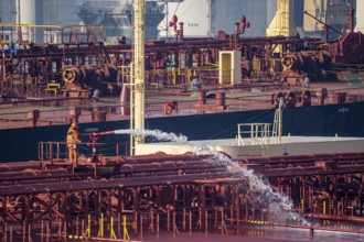 The crude oil tanker HOJO, in the seaport of Rotterdam, in the petroleum harbour, Europoort, ship