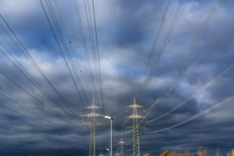High-voltage pylons, overhead lines, with warning paint for air traffic, near Krefeld, North