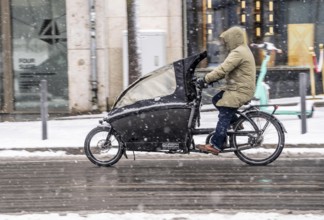 Winter in Frankfurt, cargo bike rider, in heavy snowfall, snowy, Hesse, Germany, Europe