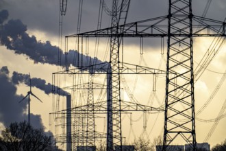 High-voltage power lines, overhead pylons, UNIPER coal-fired power plant Scholven in the