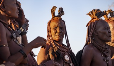 Traditional Himba woman clapping, music and dance, portraits, in the evening light, near Opuwo,