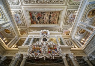 Coat of arms and portrait on the princely gallery, ceiling design, baroque church, baroque castle