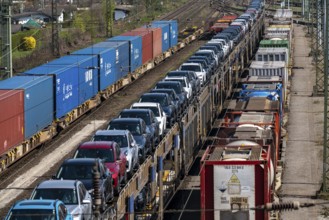 Duisburg-Rheinhausen freight station, at the Logport harbour area, goods trains loaded with new