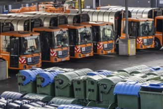 Hagener Entsorgunsbetriebe depot, refuse lorry, various refuse bins, containers, North