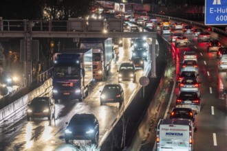 Evening traffic jam on the A40 motorway, Essen-Huttrop junction, traffic jam in both directions,