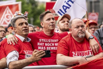 Demonstration by many thousands of steelworkers in front of the ThyssenKrupp headquarters in Essen