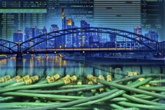 Symbolic image of critical infrastructure, skyline of Frankfurt am Main, data cable, hacker code