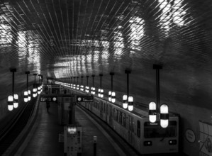 Black and white photograph, interior shot, Märkisches Museum underground station, Berlin, Germany,