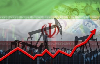 Iranian oil production on economic graph. Oil industry with iran flag on financial graph