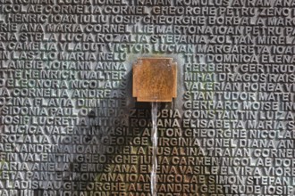 Banat, Timisoara, Timisoara, old town centre, names on a fountain, metal plate with names, Romania,
