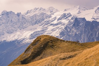 Alpine landscape with snow-covered peaks and a hiking trail in the foreground, Planplatten,
