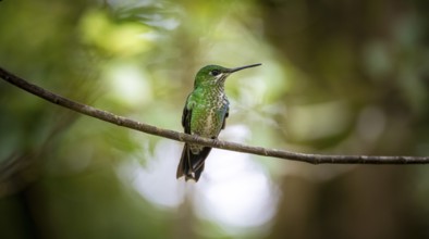 Green-fronted Brilliant Hummingbird (Heliodoxa jacula) sitting on a branch, Monteverde Cloud