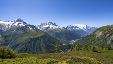 Mountain panorama with glaciated mountain peaks, Aiguille Verte with Aiguille du Midi and Mont