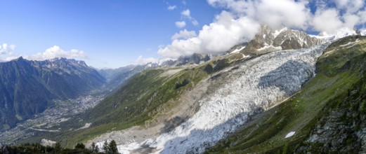 Panorama, mountain landscape with glacier Glacier des Bossons and summit of the Aiguille du Midi,