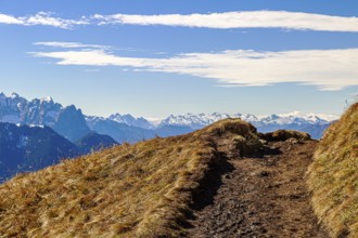 A grassy hiking trail in the Alps with a sunny sky and clouds with a view of a mountain range in