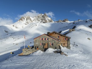 SAC Alpine Club hut in winter, Chamanna d'Es-cha, Pitz Blaisun, Albula Alps, Grisons, Switzerland,