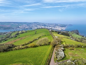 Farms and Fields over River Teign from a drone, Teignmouth, Shaldon, Devon, England, United