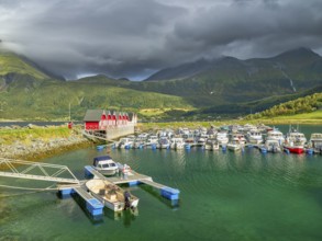 Boat harbour near Aldersund, Rorbu, Helgeland coast, Norway, Europe