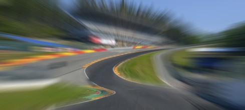 Panorama panoramic photo of Eau Rouge with dynamic speed effect from view tunnel view from racing