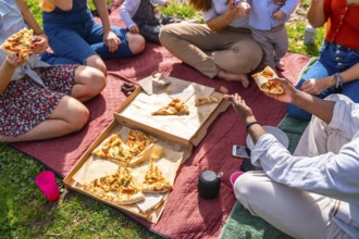 Group of friends and families having fun, eating pizza and relaxing during a picnic in a park