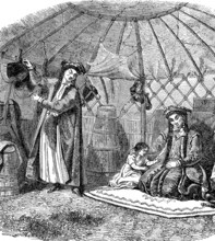 Family in a yurt in Mongolia, in 1870, Historical, digital reproduction of an original from the