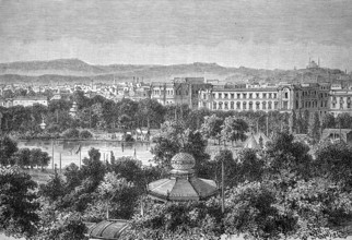 The Esbekiye Garden, Asbakiya Garden, in Cairo, Egypt, in 1880, Historical, digital reproduction of