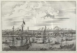 The harbour and the city of Canton, China, 17th century, Historical, digitally restored