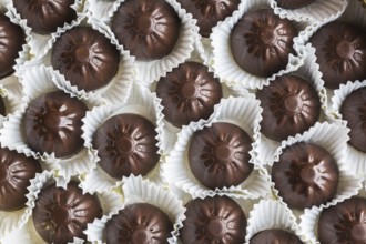Top view and close-up of hand made fine milk chocolates in opened chocolate box, Studio