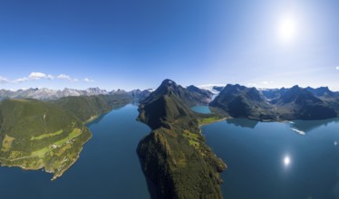 Glacier tongue of the Svartisen glacier with glacial lake and fjord, Helgeland coast, Nordland,