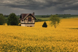 Small half-timbered house surrounded by flowering rape fields, Bamberg, Upper Franconia, Germany,
