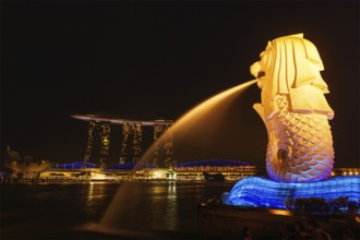 SINGAPORE, JANUARY 1, 2014: Night view of Singapore Merlion at Marina Bay and Marina Bay Sand