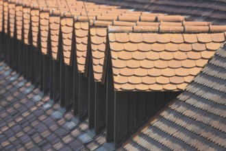 Roof with a row of dormers from the building of historical fortress, roof ridge, Rüsselsheim,