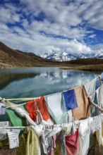 Prayer flags lungta with Om mani padme hum. . mantra written on them and Dhankar Lake. Spiti