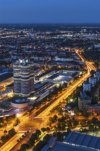 MUNICH, GERMANY, MAY 11: Aerial view of BMW Museum & BWM Welt & factory from Olympic Tower in the
