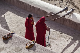 THIKSEY, INDIA, SEPTEMBER 4, 2011: Two Tibetan Buddhist monks blowing Tibetan horn (dungche) during