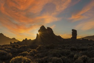 Sunset at Roque Cinchado next to Teide in the natural park of Tenerife, Canary Islands. Spain