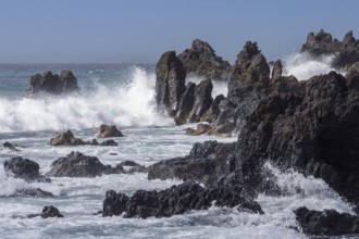Lava rocks in the sea, surf, near Los Hervideros, Lanzarote, Canary Islands, Spain, Europe