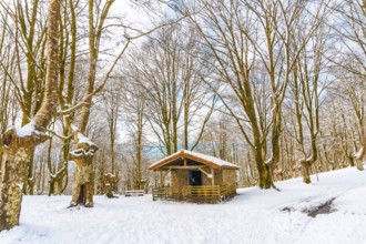 The refuge next to trees in the snow-covered Oianleku Natural Park in the town of Oiartzun, next to