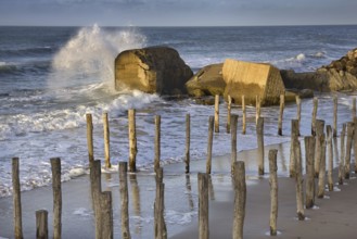 World War II concrete blockhouses on beach at Wissant, Nord-Pas de Calais, France, Europe