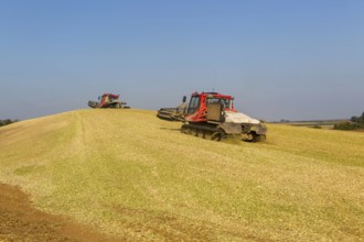 Piston Bully tracked bulldozer vehicles building silage clamp of sweetcorn maize in field stored