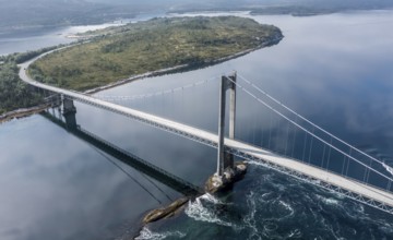 Aerial view of suspension bridge over fjord Efjord, road E6, northern Norway