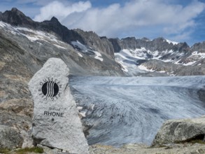 Monument above the Rhone glacier, to mark the source of the Rhone River, Switzerland, Europe