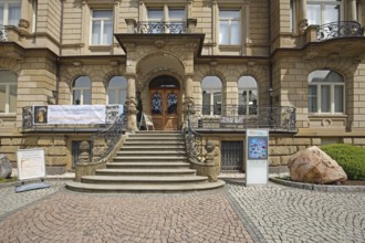German Gemstone Museum, entrance with stairs and mineral stone, Idar-Oberstein, Hunsrück,