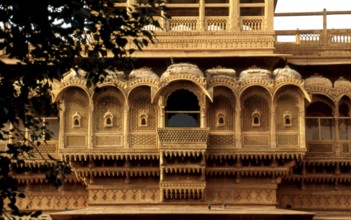 Facade of a haveli, urban mansion ornately decorated with carvings, Jaisalmer, India, Asia